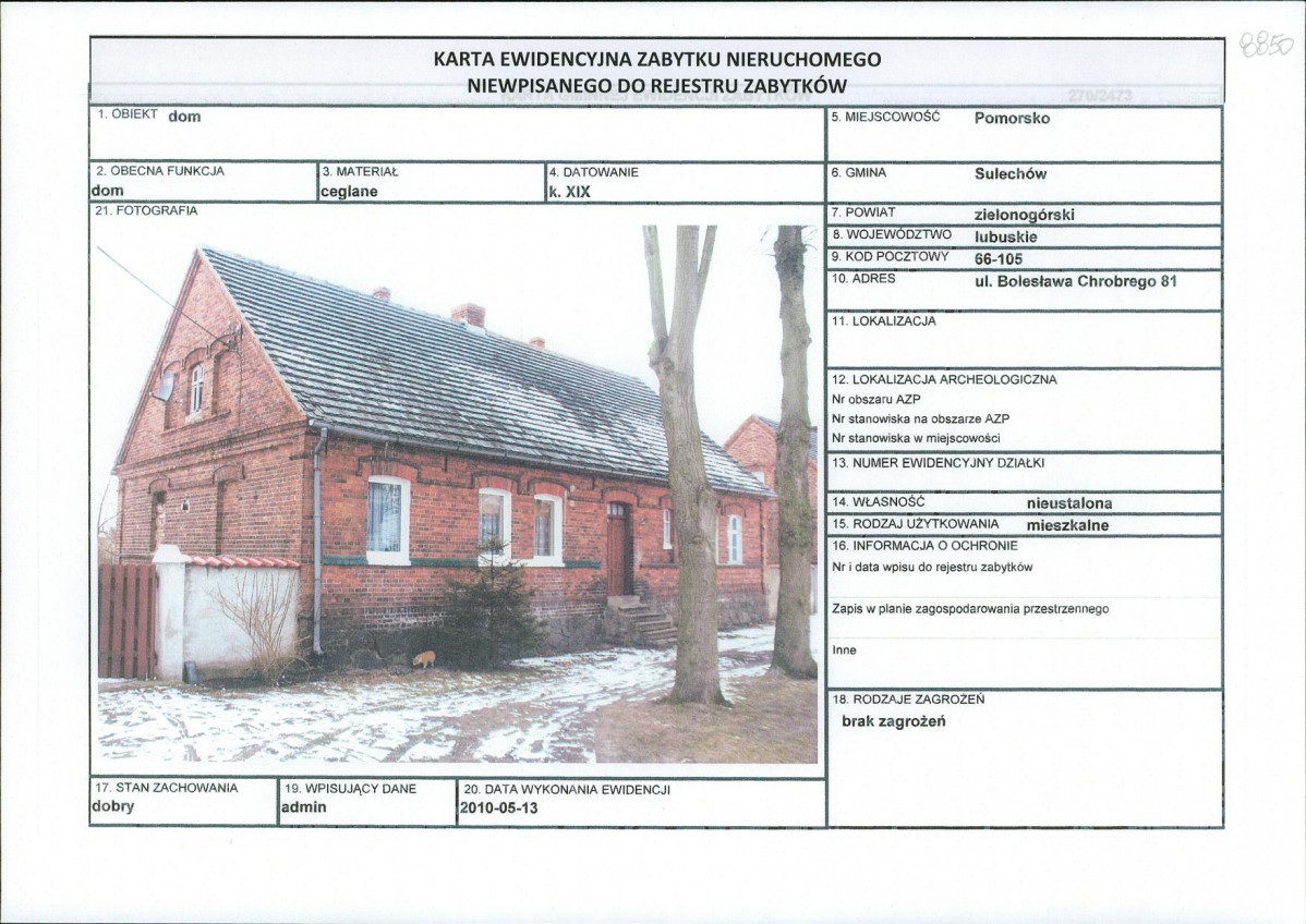 Karta obiektu niewpisanego do rejestru, skan nr 1