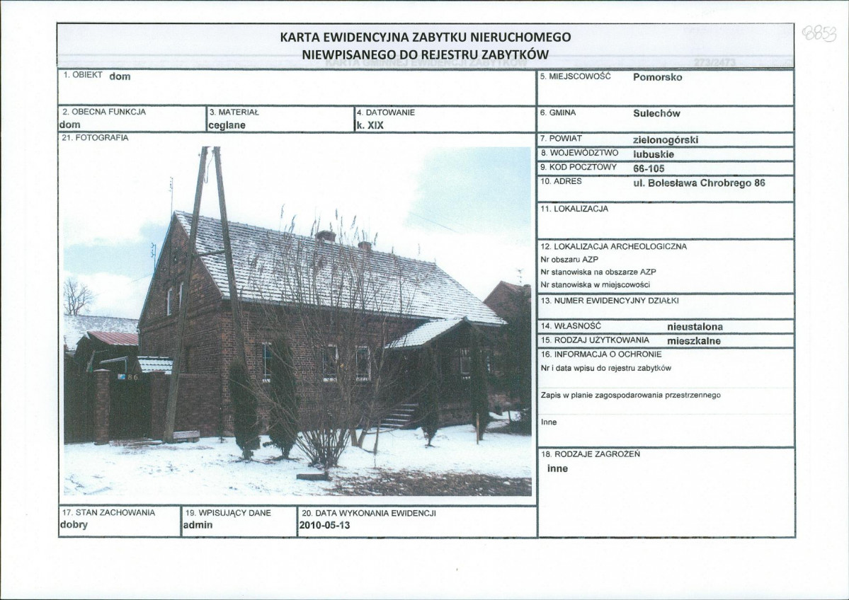 Karta obiektu niewpisanego do rejestru, skan nr 1