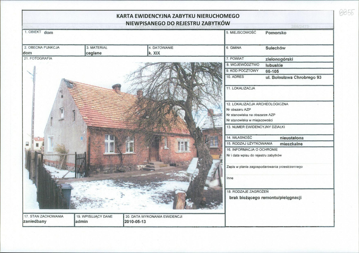 Karta obiektu niewpisanego do rejestru, skan nr 1