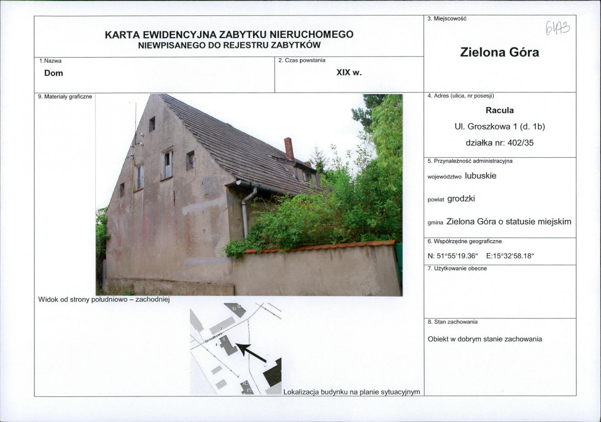 Karta obiektu niewpisanego do rejestru, skan nr 1