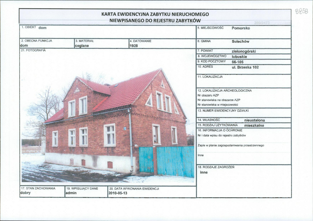 Karta obiektu niewpisanego do rejestru, skan nr 1