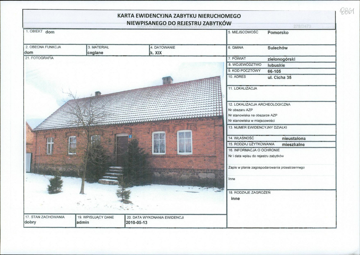 Karta obiektu niewpisanego do rejestru, skan nr 1