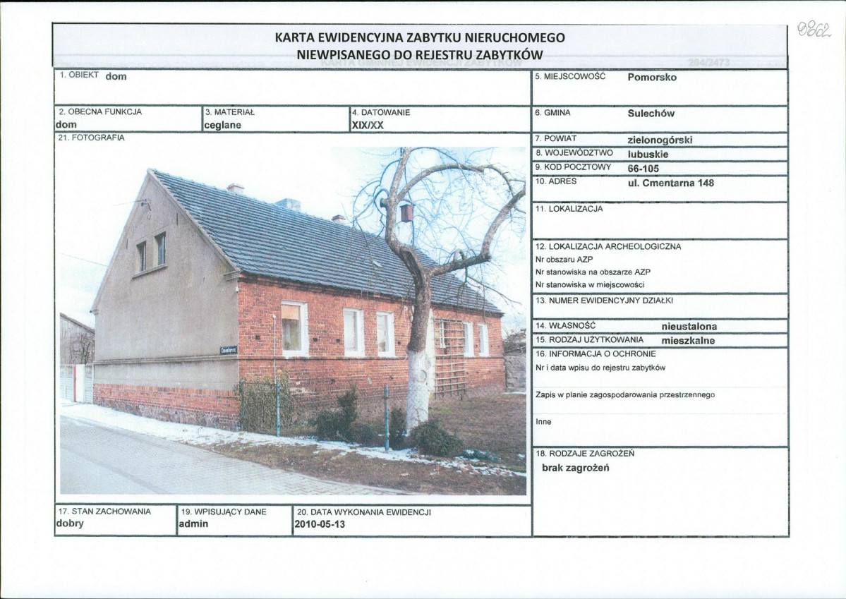 Karta obiektu niewpisanego do rejestru, skan nr 1