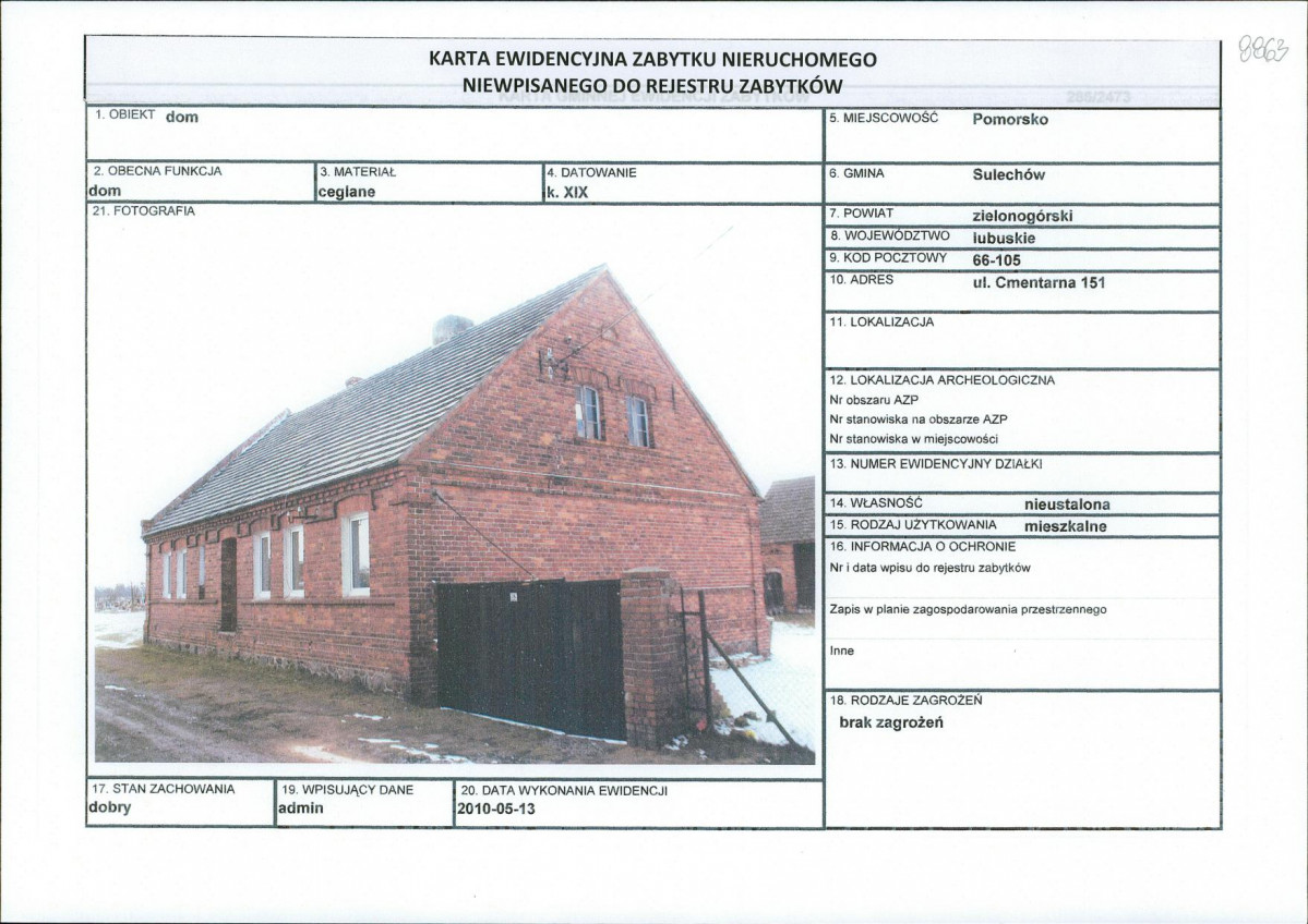 Karta obiektu niewpisanego do rejestru, skan nr 1
