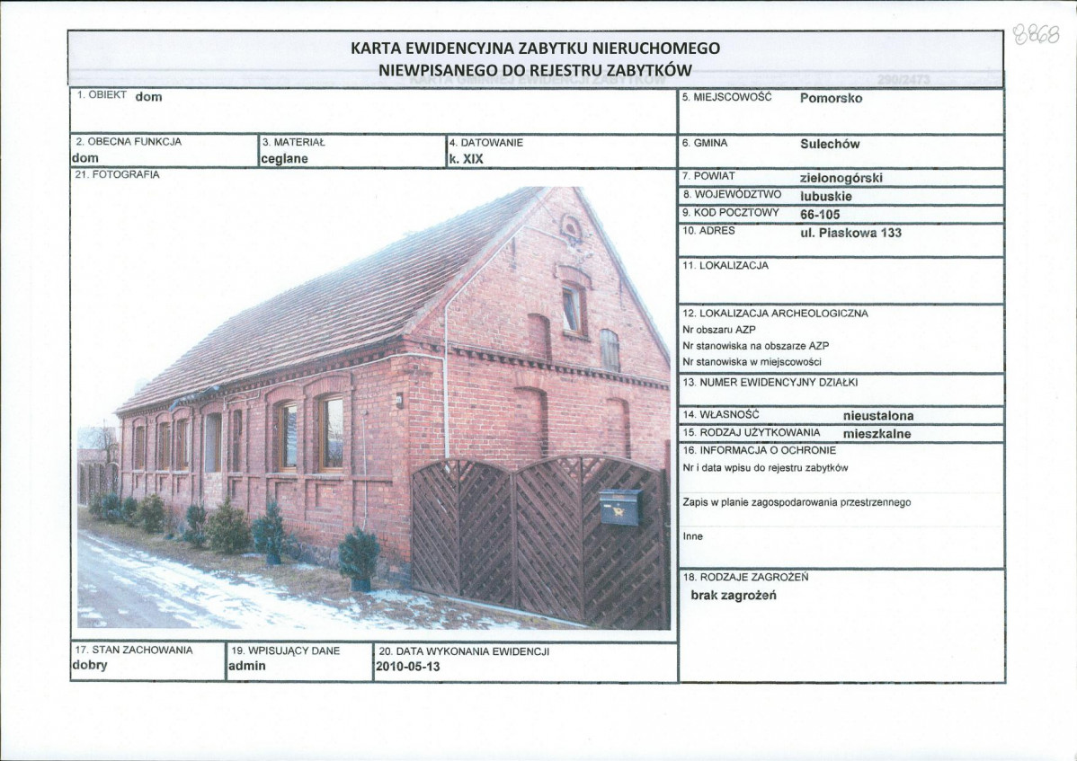 Karta obiektu niewpisanego do rejestru, skan nr 1