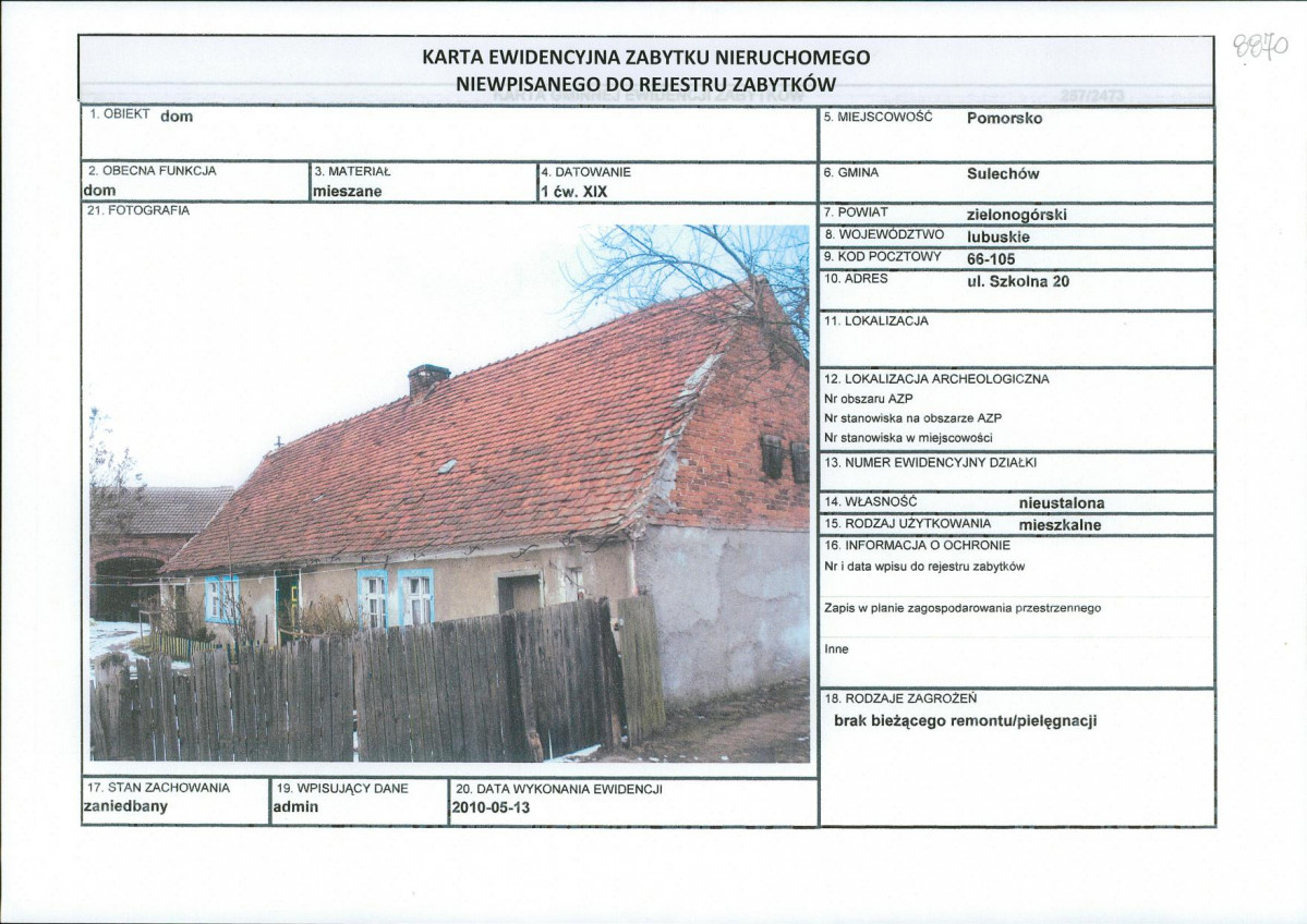 Karta obiektu niewpisanego do rejestru, skan nr 1