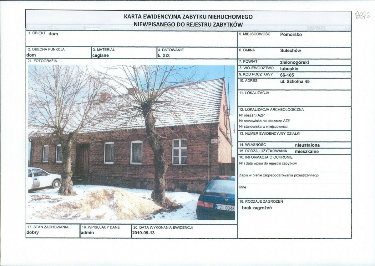 Karta obiektu niewpisanego do rejestru, skan nr 1