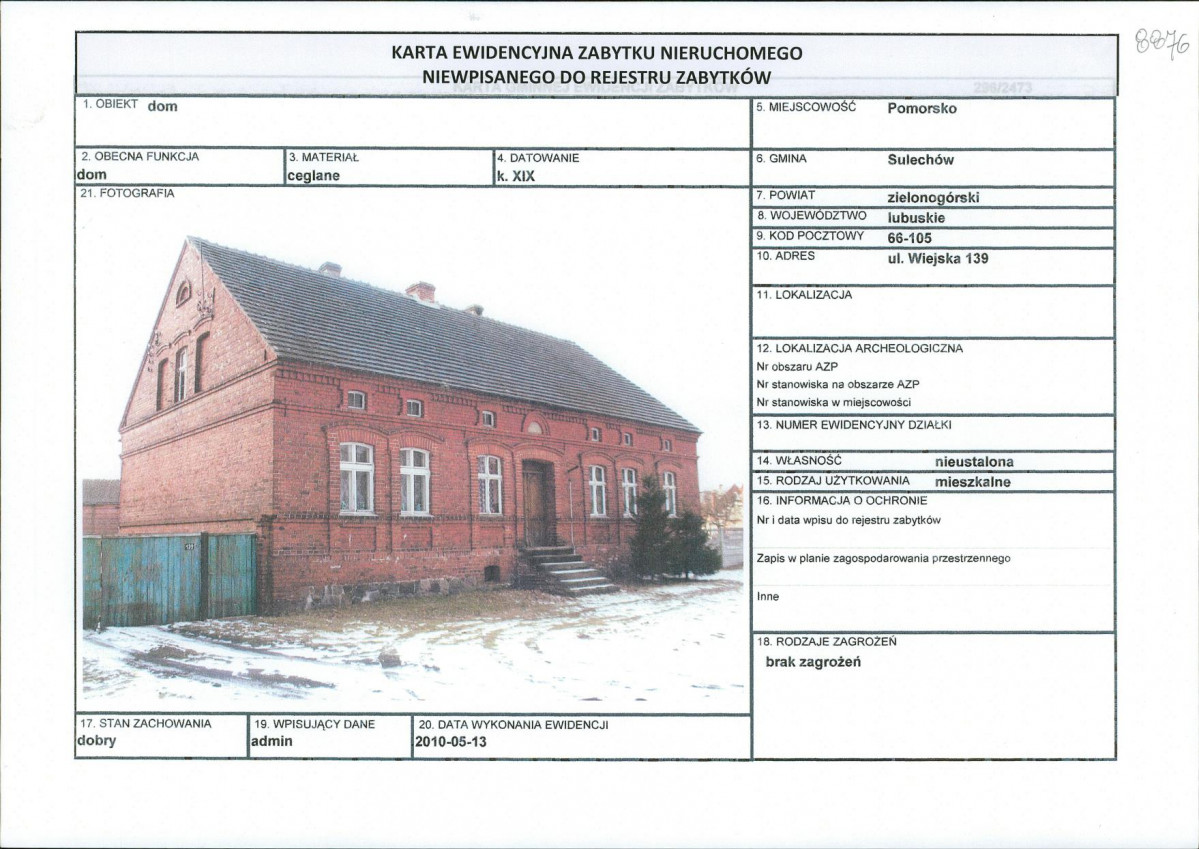 Karta obiektu niewpisanego do rejestru, skan nr 1