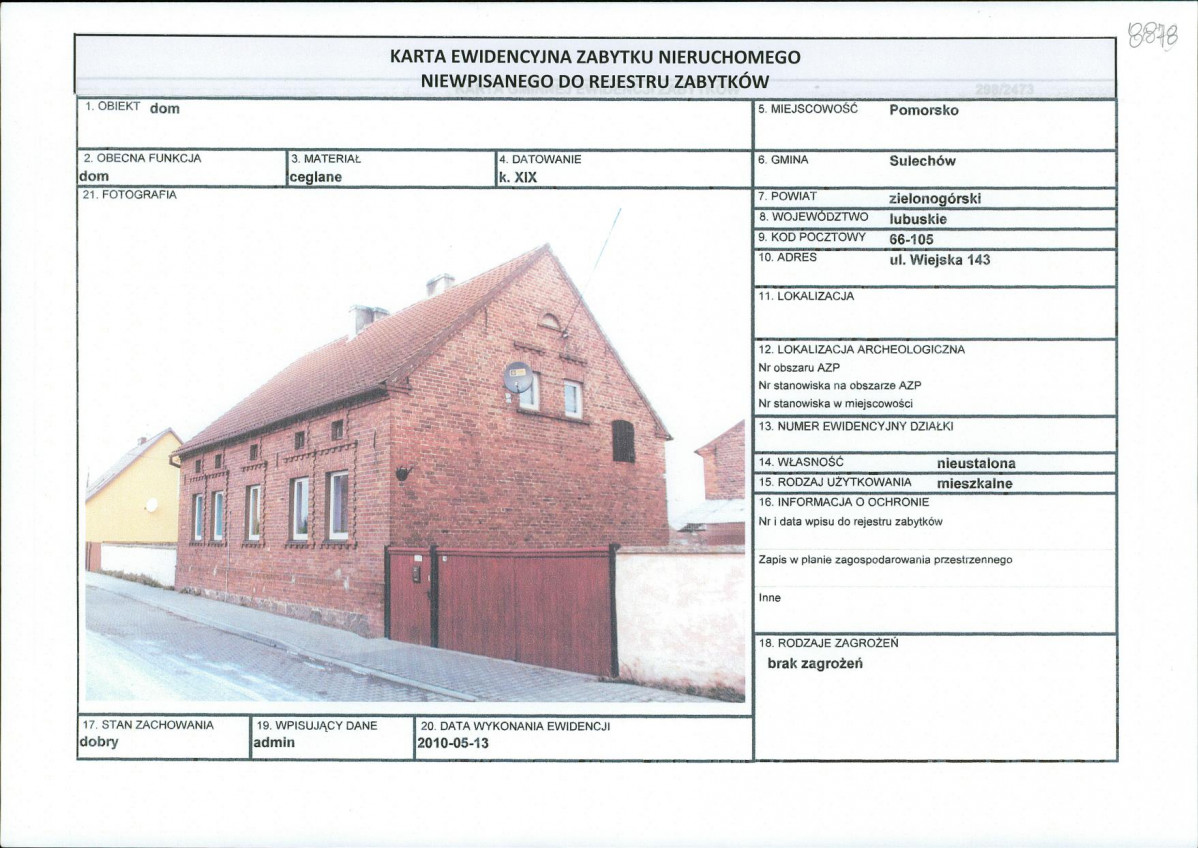 Karta obiektu niewpisanego do rejestru, skan nr 1