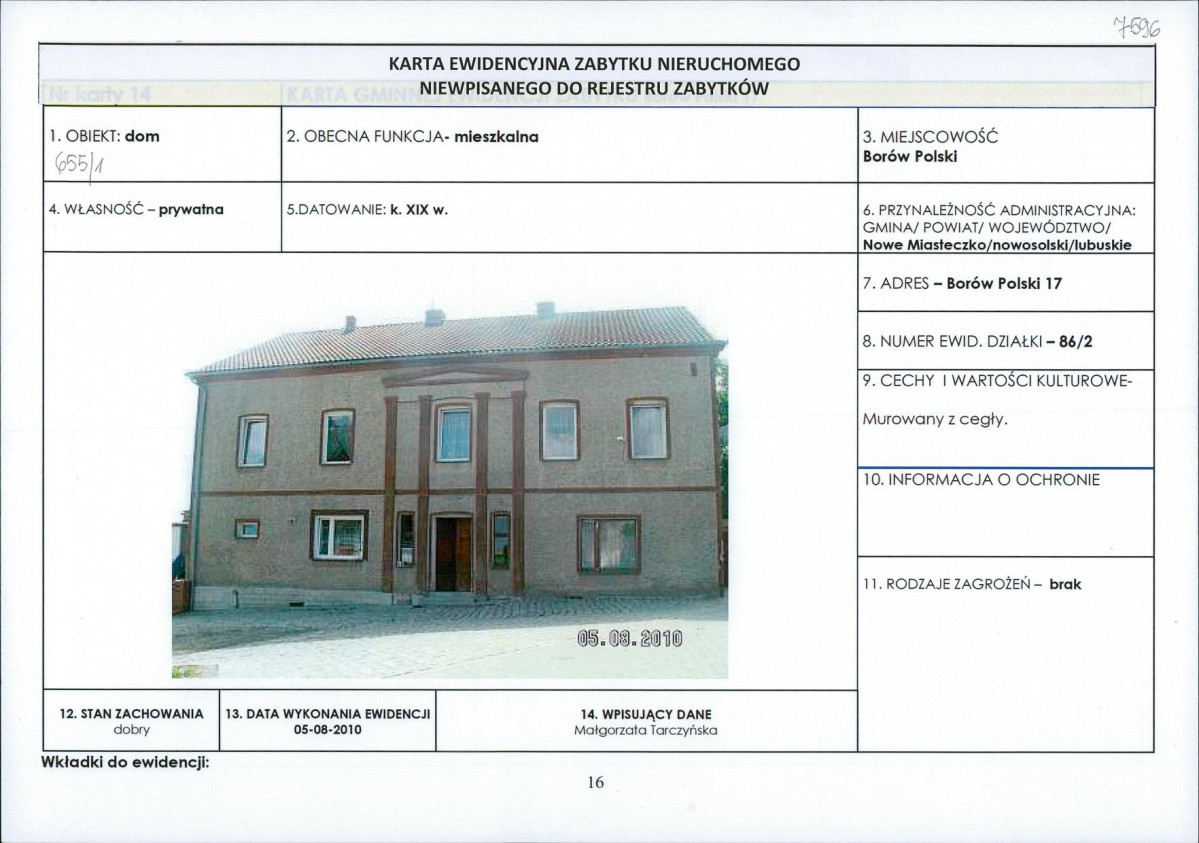 Karta obiektu niewpisanego do rejestru, skan nr 1