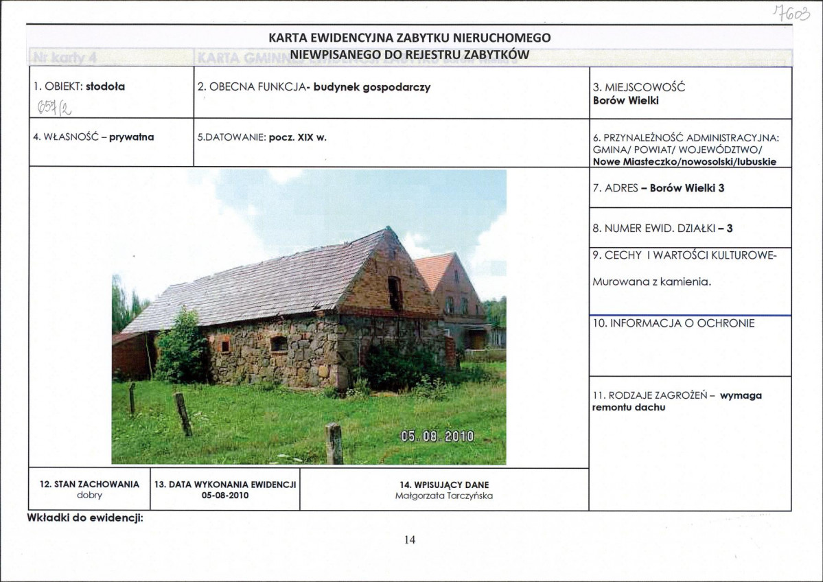 Karta obiektu niewpisanego do rejestru, skan nr 1