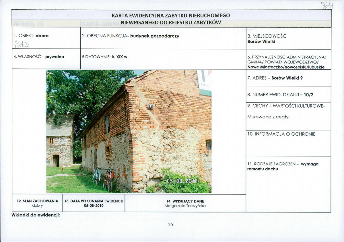 Karta obiektu niewpisanego do rejestru, skan nr 1