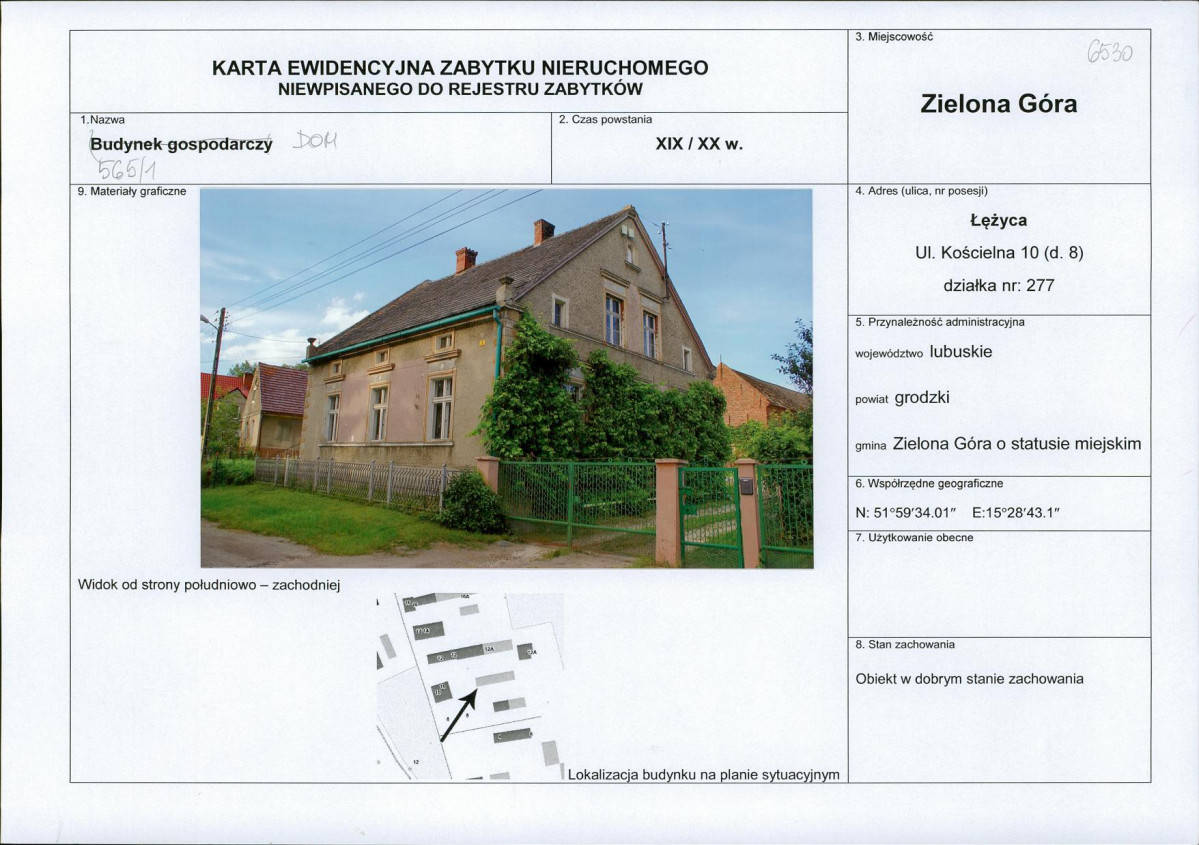 Karta obiektu niewpisanego do rejestru, skan nr 1