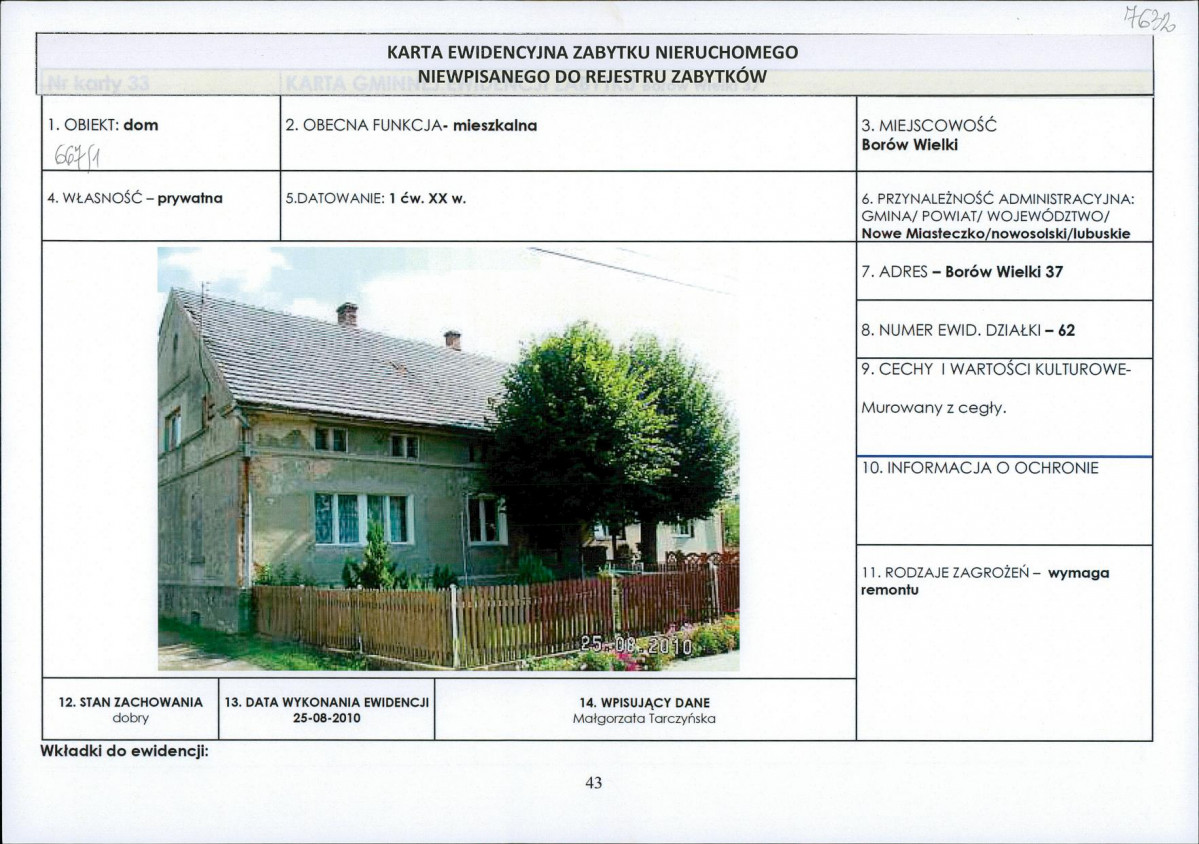 Karta obiektu niewpisanego do rejestru, skan nr 1