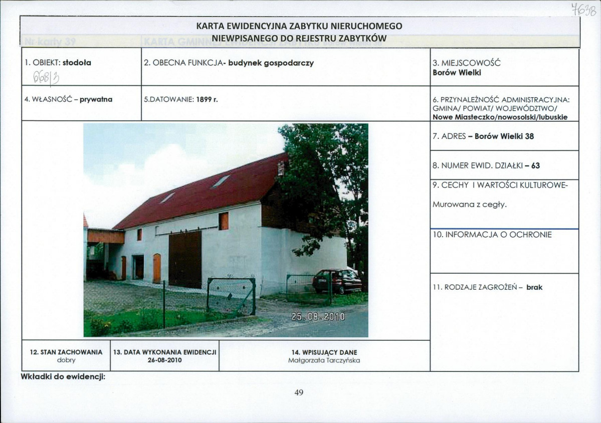 Karta obiektu niewpisanego do rejestru, skan nr 1