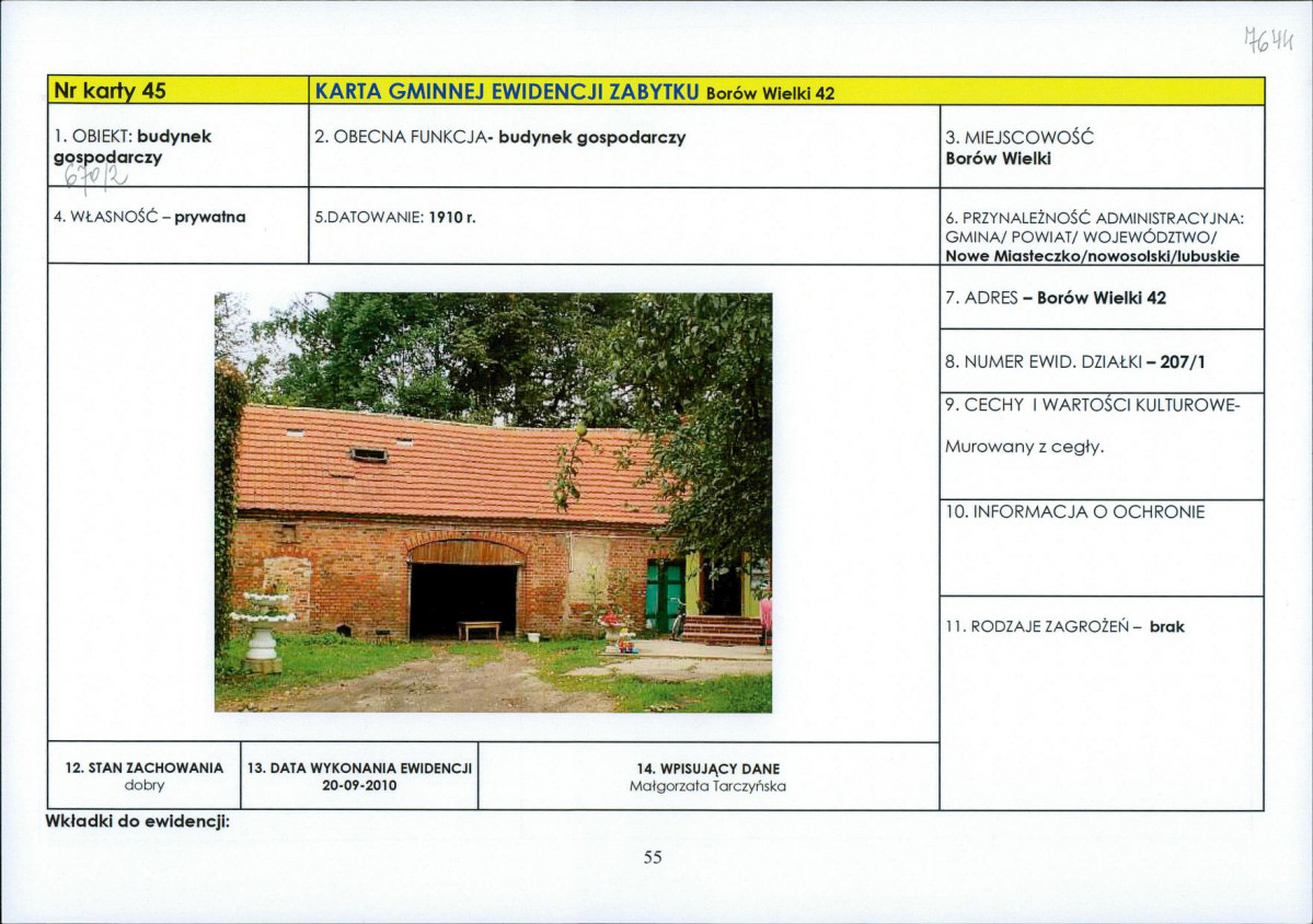 Karta obiektu niewpisanego do rejestru, skan nr 1