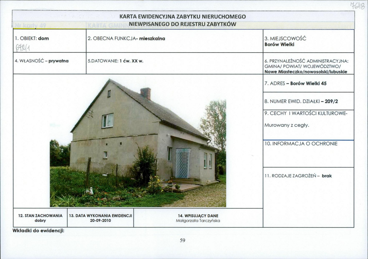 Karta obiektu niewpisanego do rejestru, skan nr 1