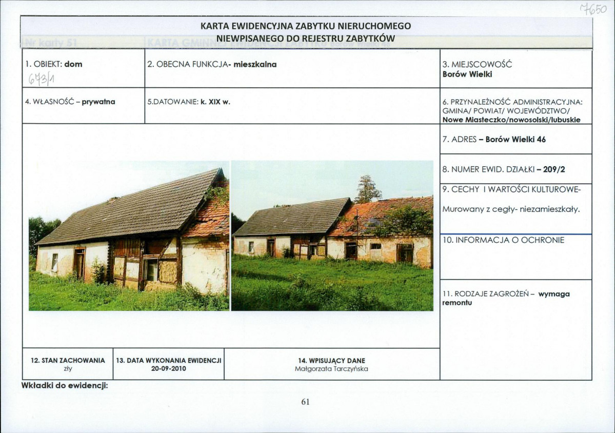 Karta obiektu niewpisanego do rejestru, skan nr 1