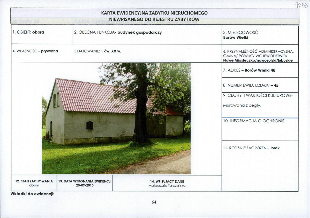 Karta obiektu niewpisanego do rejestru, skan nr 1