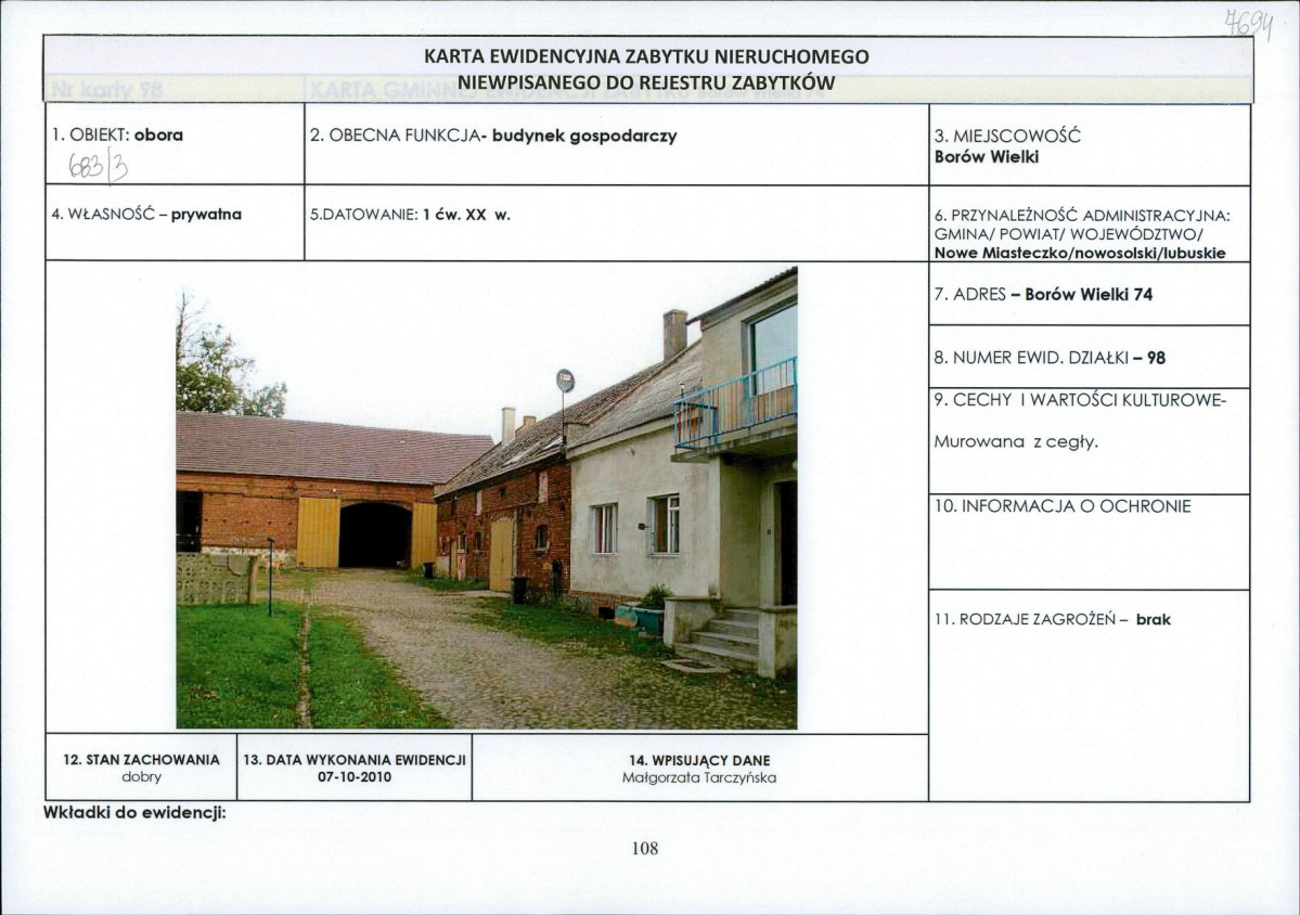 Karta obiektu niewpisanego do rejestru, skan nr 1