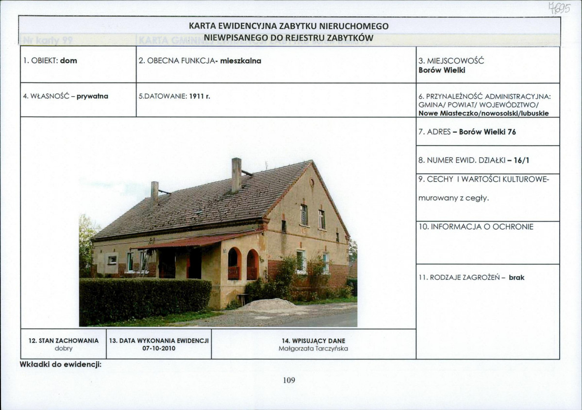 Karta obiektu niewpisanego do rejestru, skan nr 1