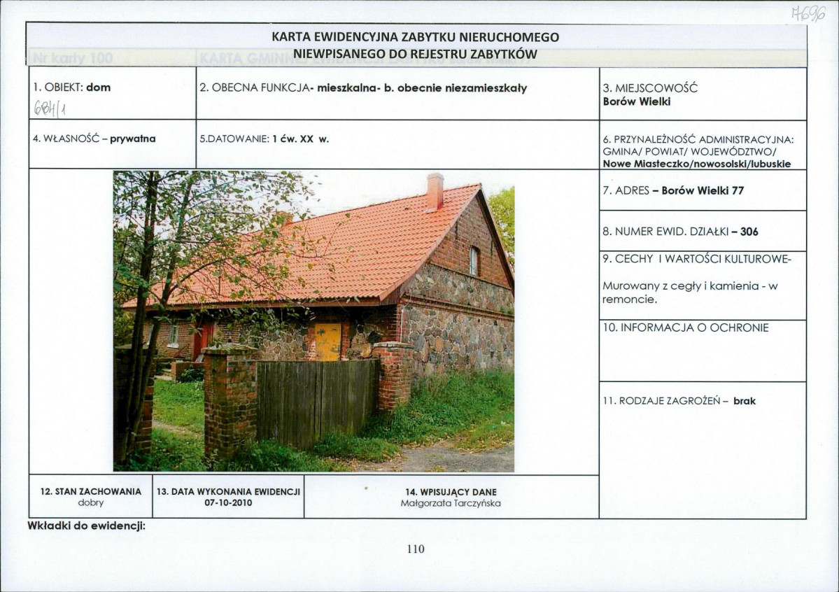 Karta obiektu niewpisanego do rejestru, skan nr 1