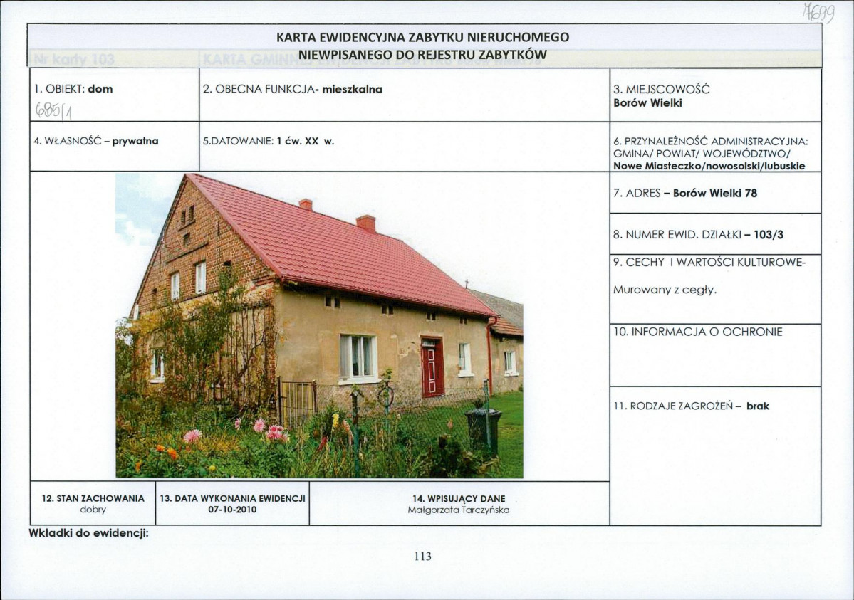 Karta obiektu niewpisanego do rejestru, skan nr 1