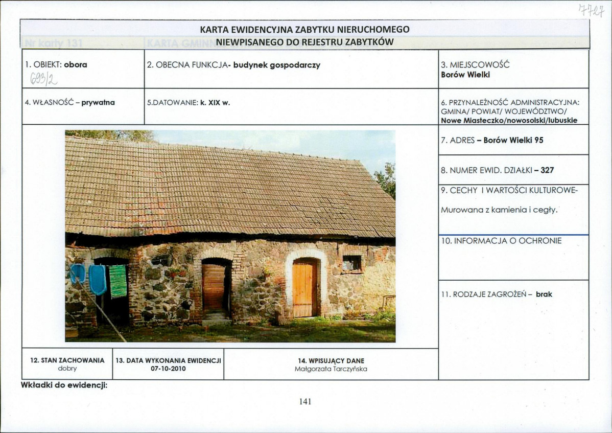 Karta obiektu niewpisanego do rejestru, skan nr 1