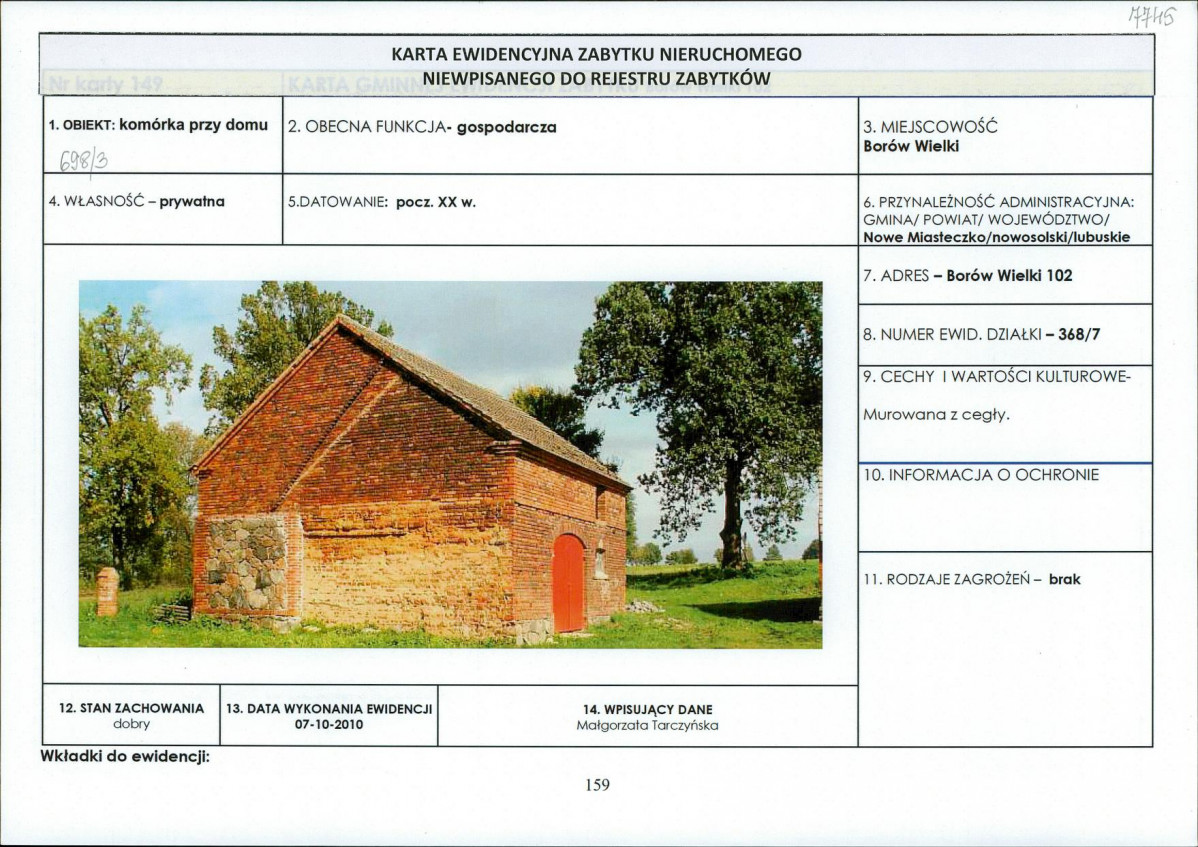 Karta obiektu niewpisanego do rejestru, skan nr 1