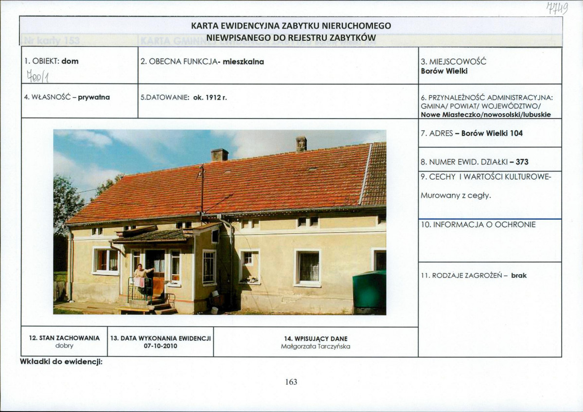 Karta obiektu niewpisanego do rejestru, skan nr 1
