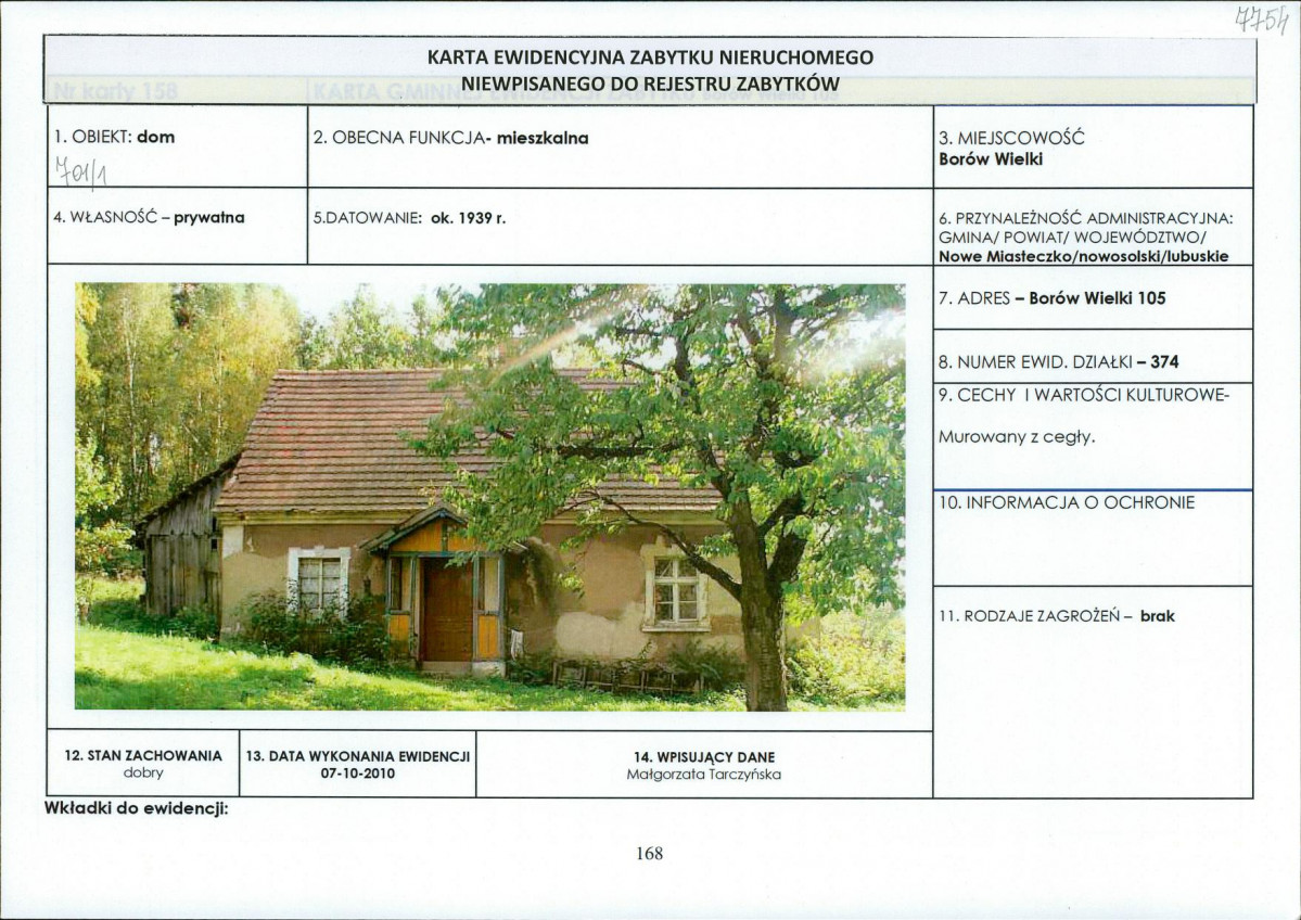 Karta obiektu niewpisanego do rejestru, skan nr 1