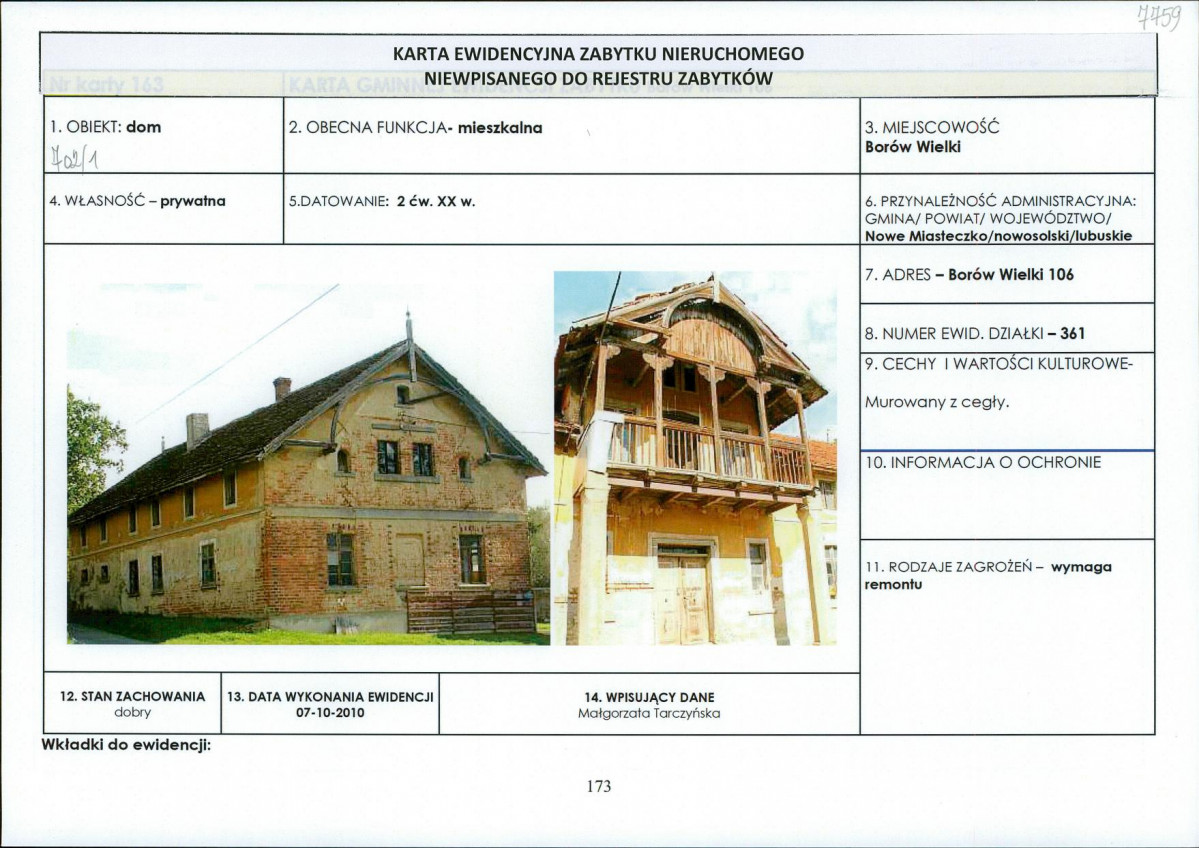 Karta obiektu niewpisanego do rejestru, skan nr 1