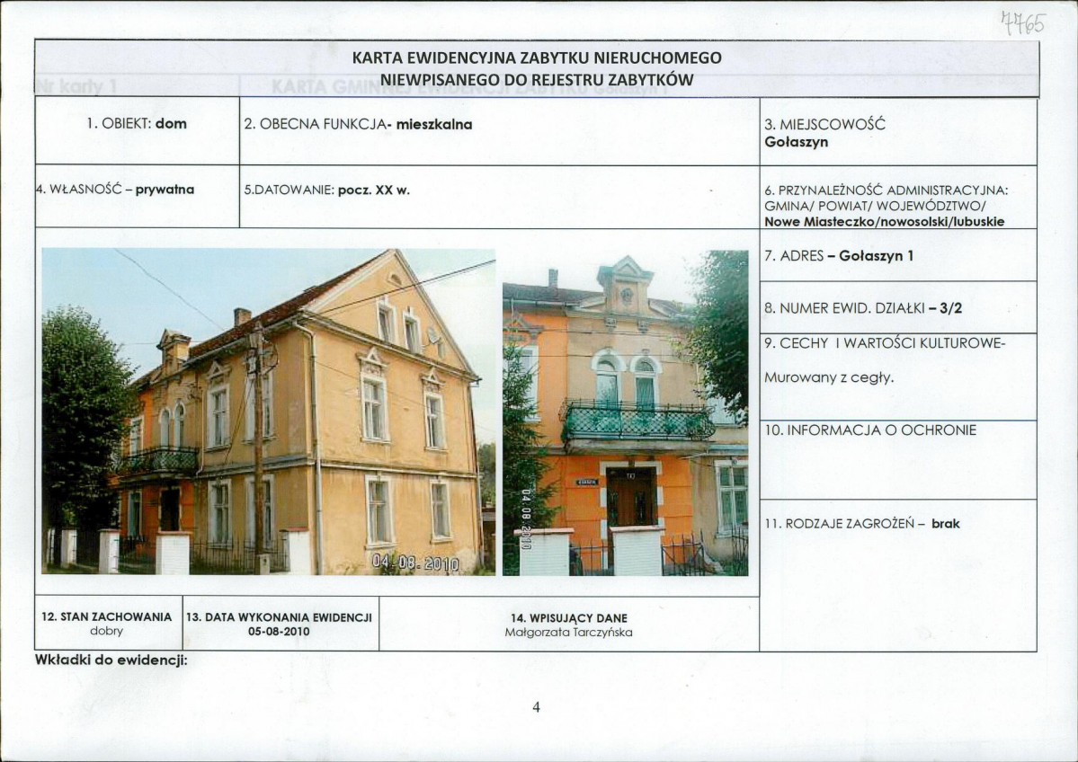 Karta obiektu niewpisanego do rejestru, skan nr 1