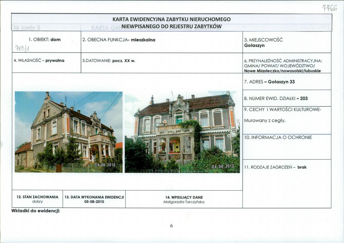 Karta obiektu niewpisanego do rejestru, skan nr 1