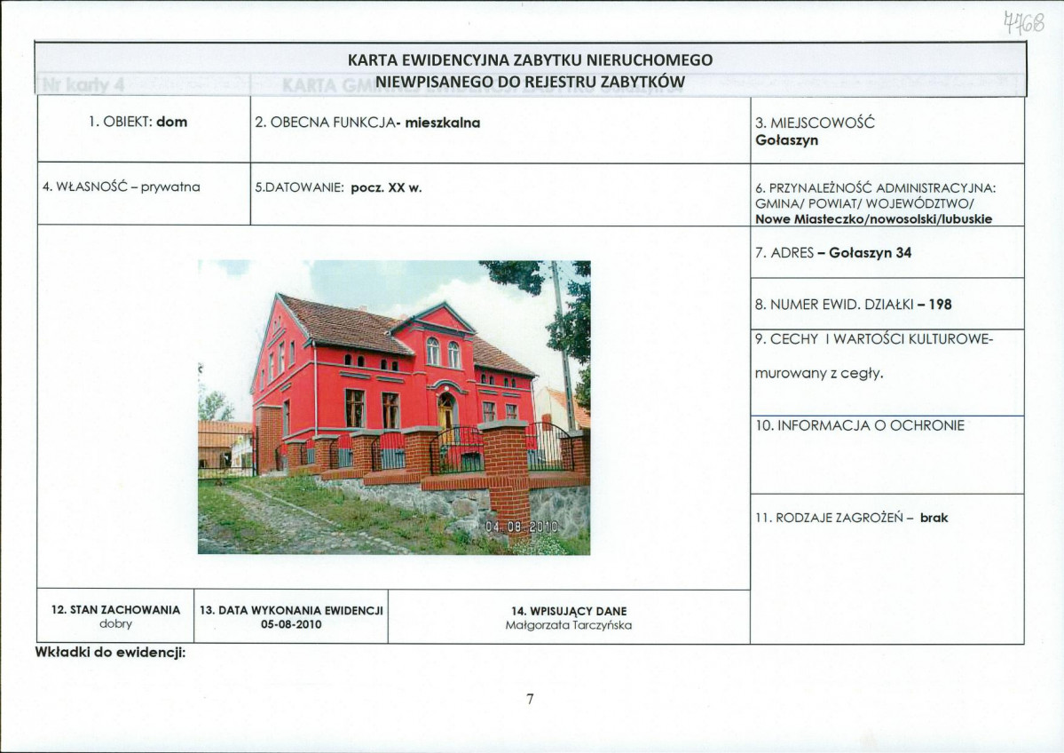 Karta obiektu niewpisanego do rejestru, skan nr 1