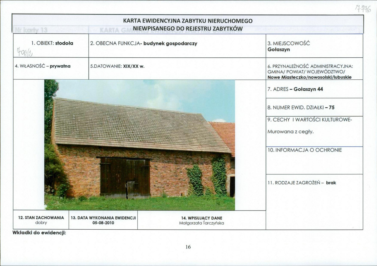 Karta obiektu niewpisanego do rejestru, skan nr 1