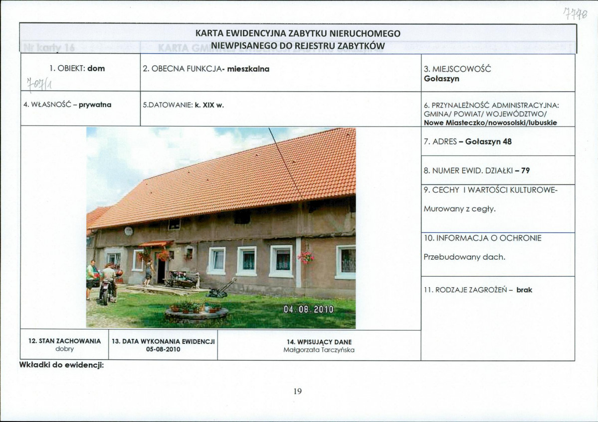 Karta obiektu niewpisanego do rejestru, skan nr 1