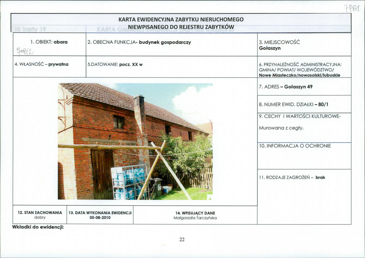 Karta obiektu niewpisanego do rejestru, skan nr 1