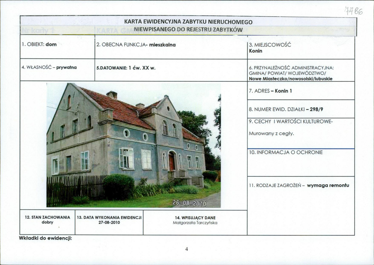 Karta obiektu niewpisanego do rejestru, skan nr 1