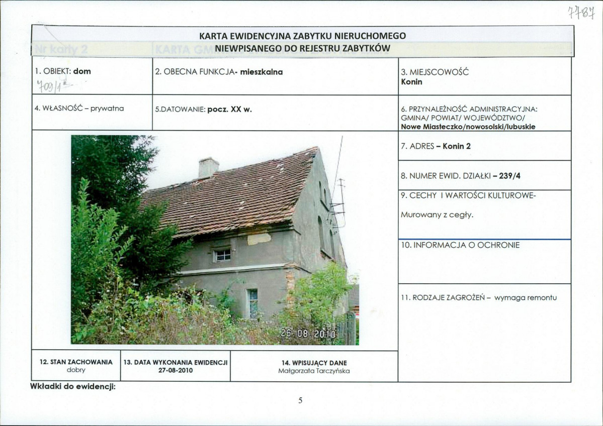 Karta obiektu niewpisanego do rejestru, skan nr 1