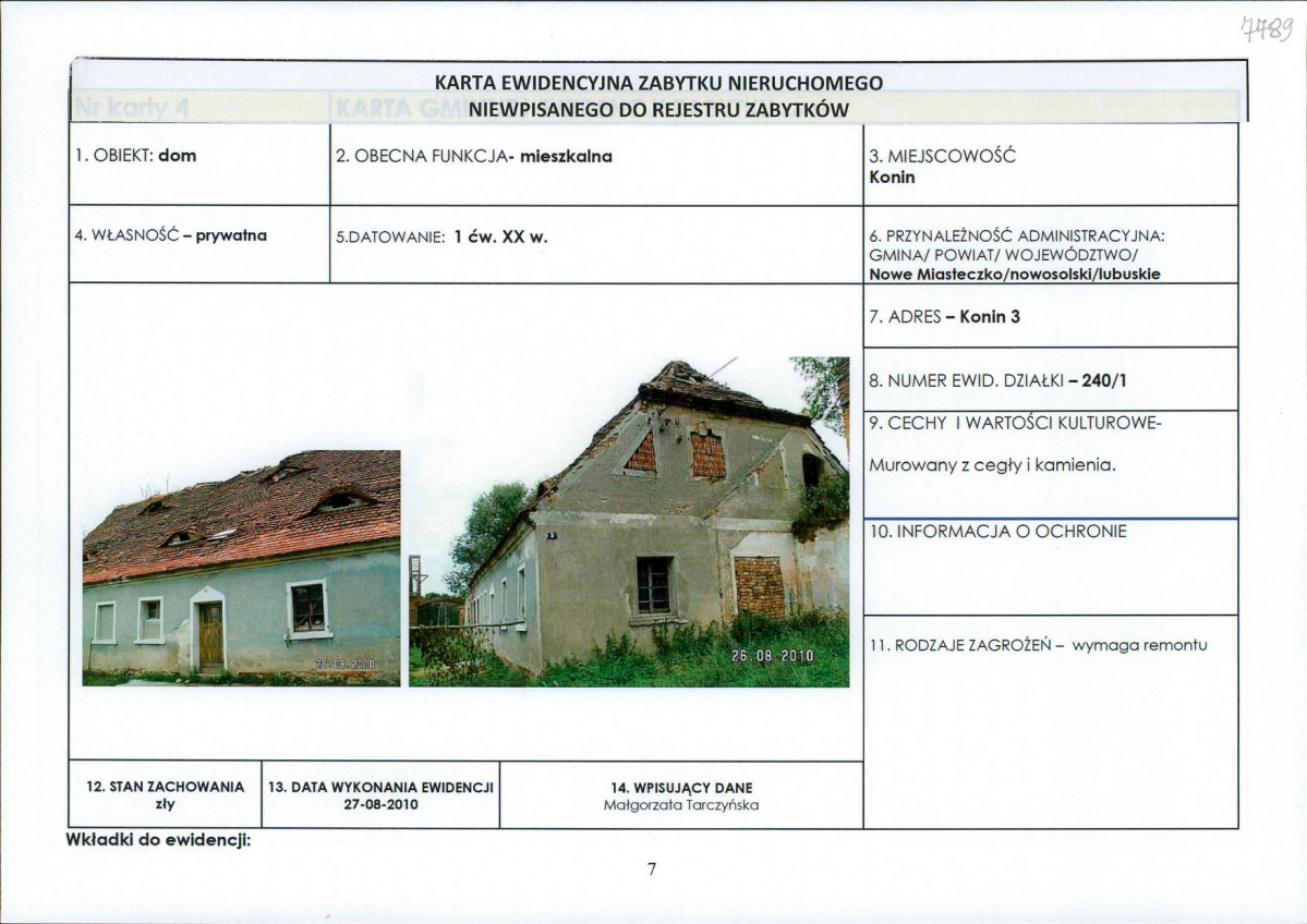 Karta obiektu niewpisanego do rejestru, skan nr 1