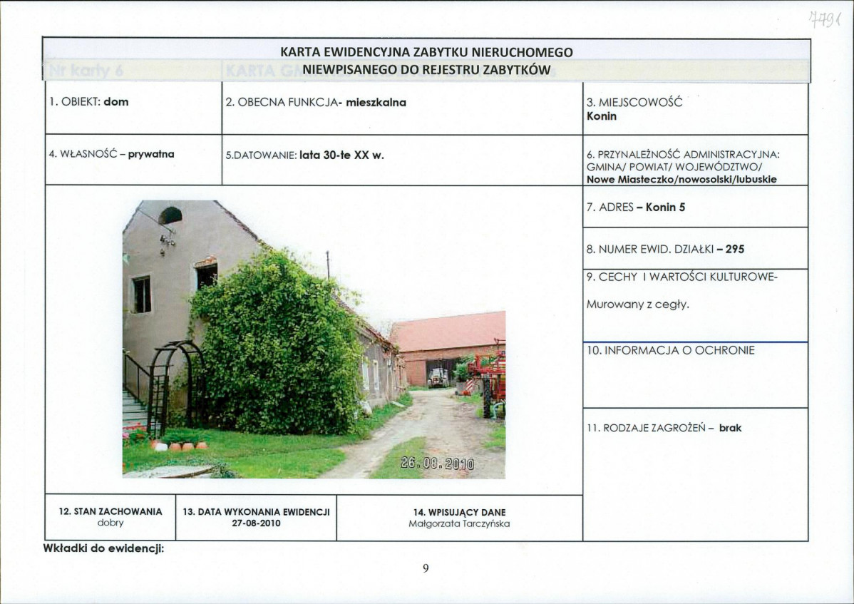 Karta obiektu niewpisanego do rejestru, skan nr 1