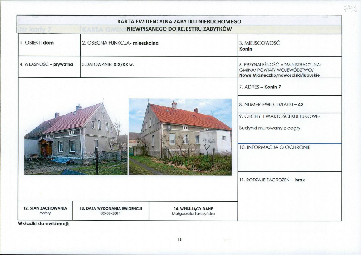 Karta obiektu niewpisanego do rejestru, skan nr 1