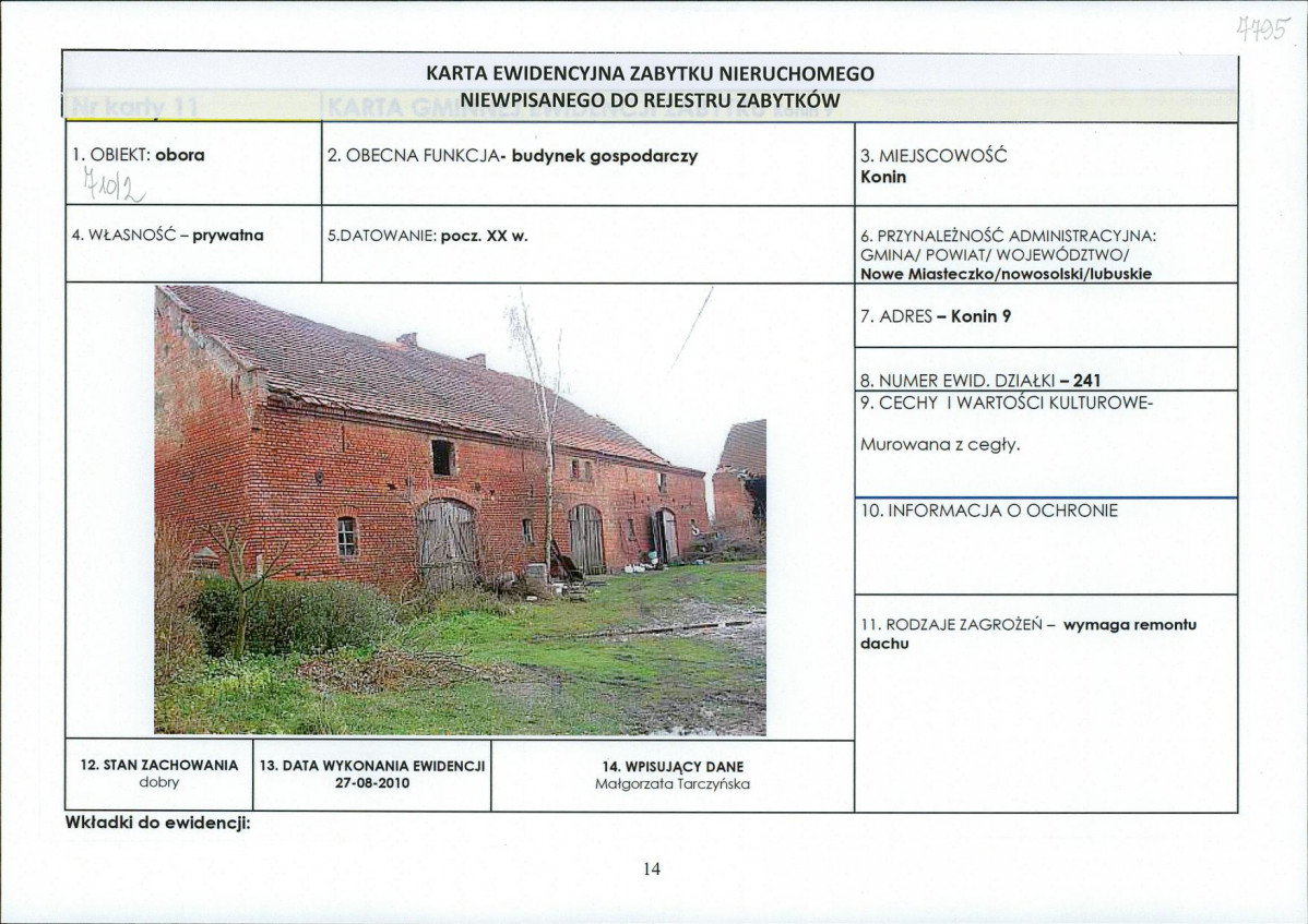 Karta obiektu niewpisanego do rejestru, skan nr 1