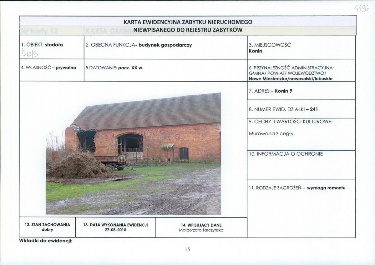 Karta obiektu niewpisanego do rejestru, skan nr 1