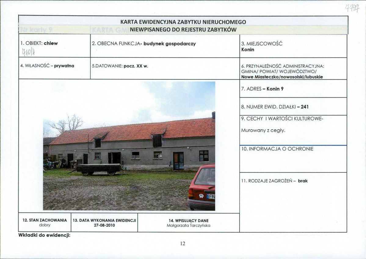 Karta obiektu niewpisanego do rejestru, skan nr 1