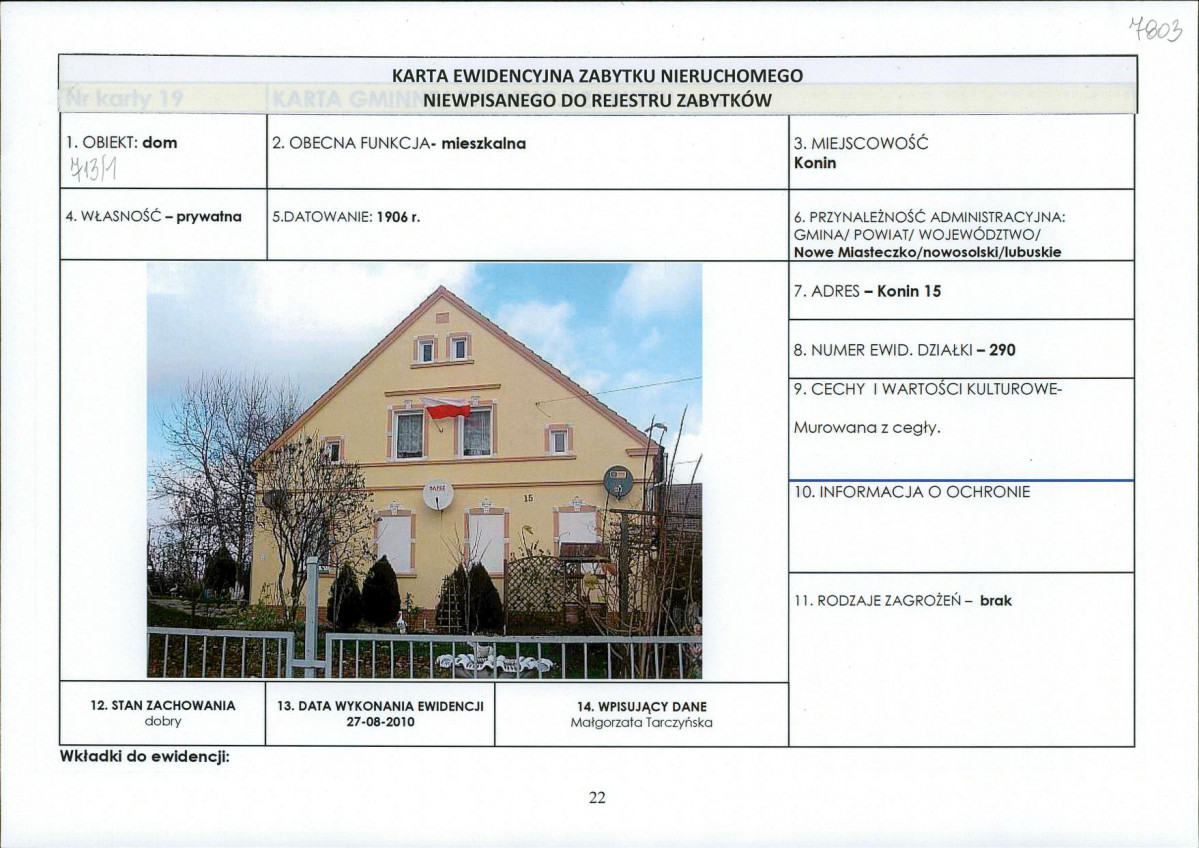Karta obiektu niewpisanego do rejestru, skan nr 1