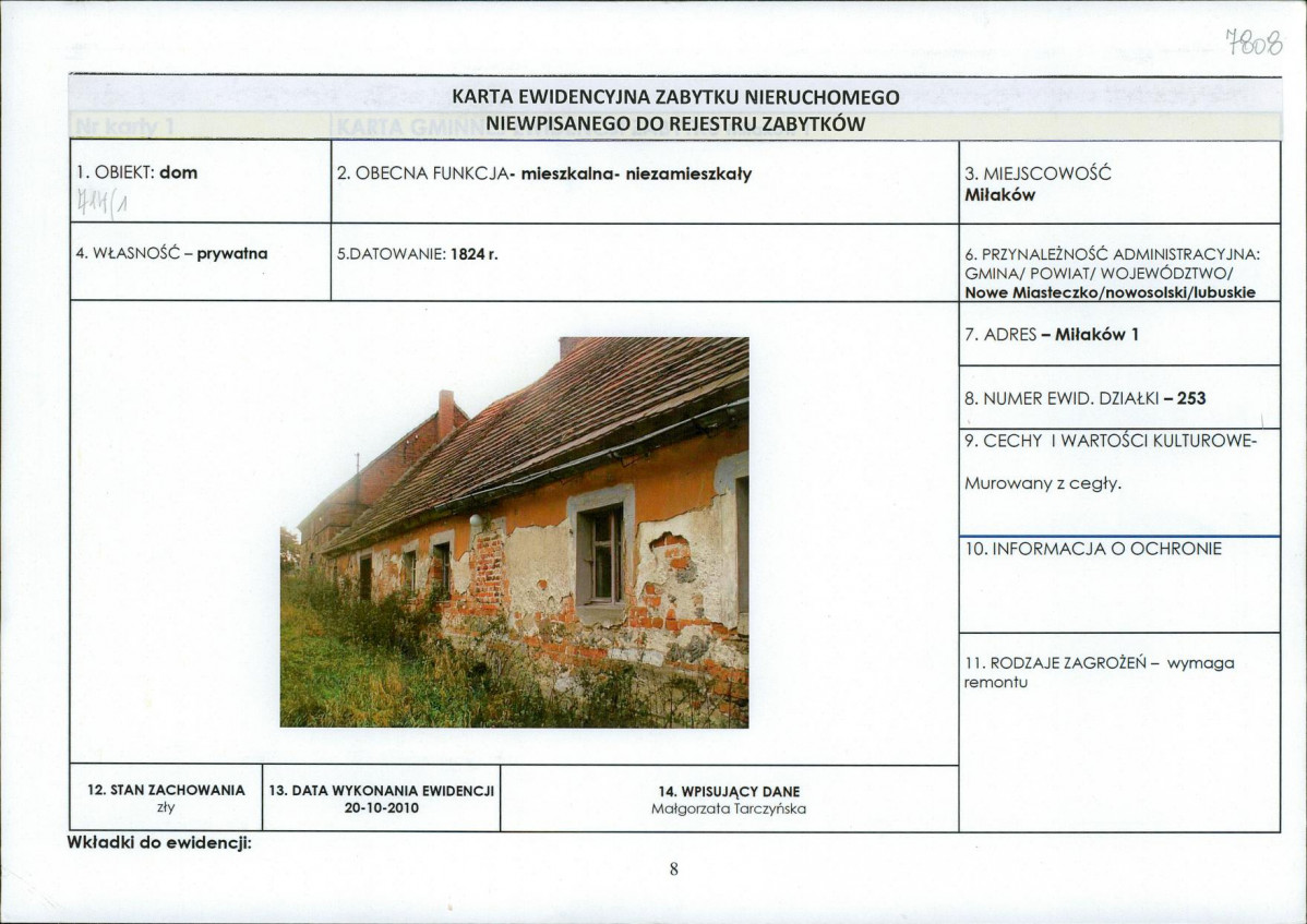 Karta obiektu niewpisanego do rejestru, skan nr 1