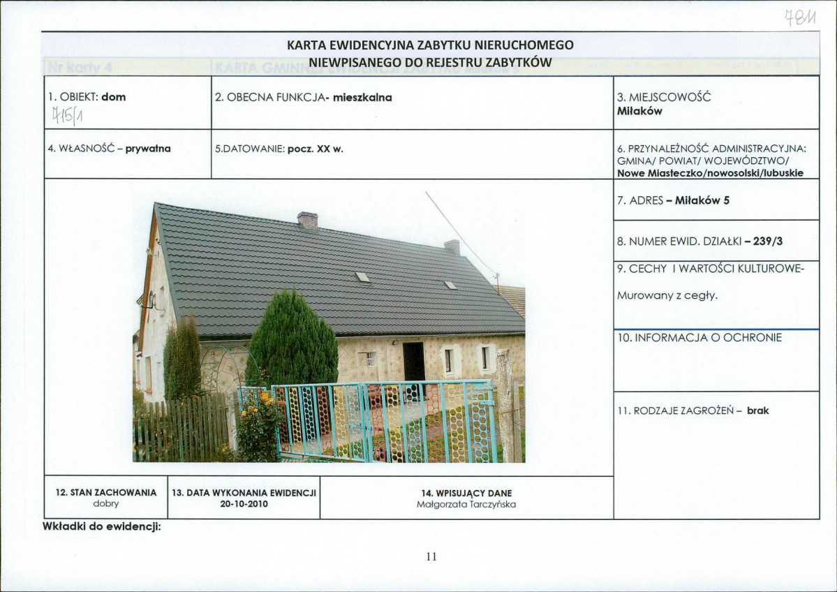 Karta obiektu niewpisanego do rejestru, skan nr 1