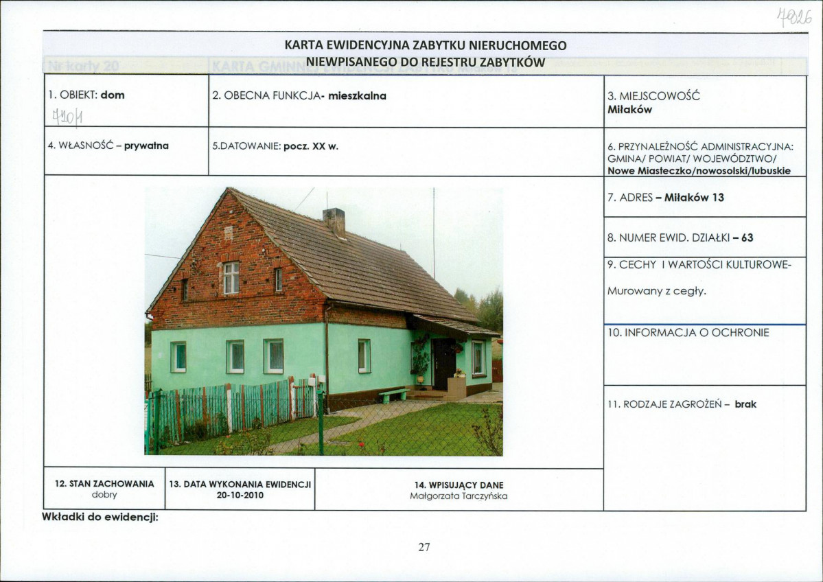 Karta obiektu niewpisanego do rejestru, skan nr 1
